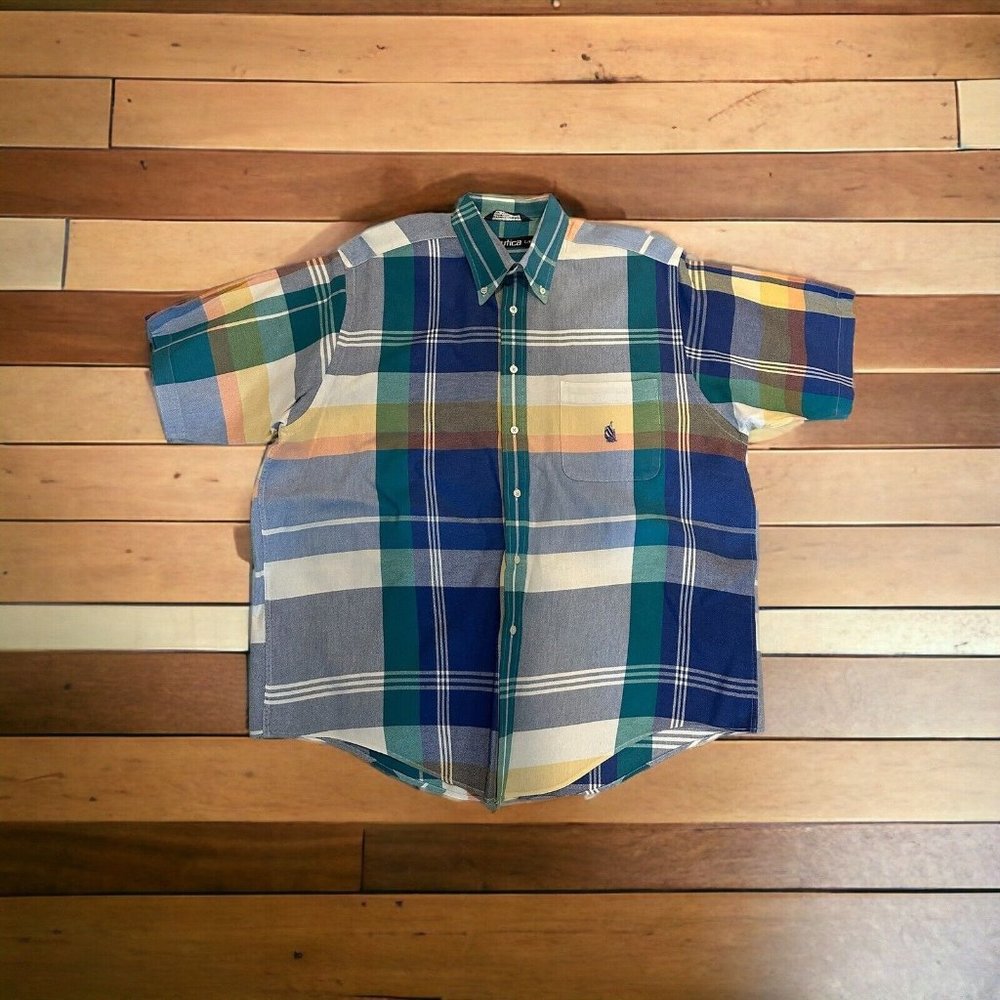 Vintage Nautica Men's Button Front Shirt Multicolor Short Sleeve Cotton Size L